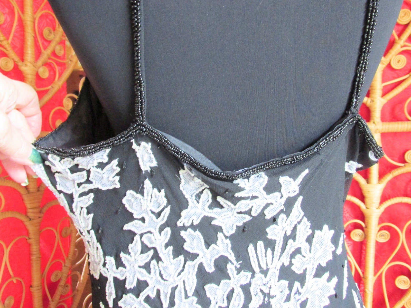 Vintage STENAY Black White Beaded Gown w/ Jacket Sheath Spaghetti Straps SZ 16