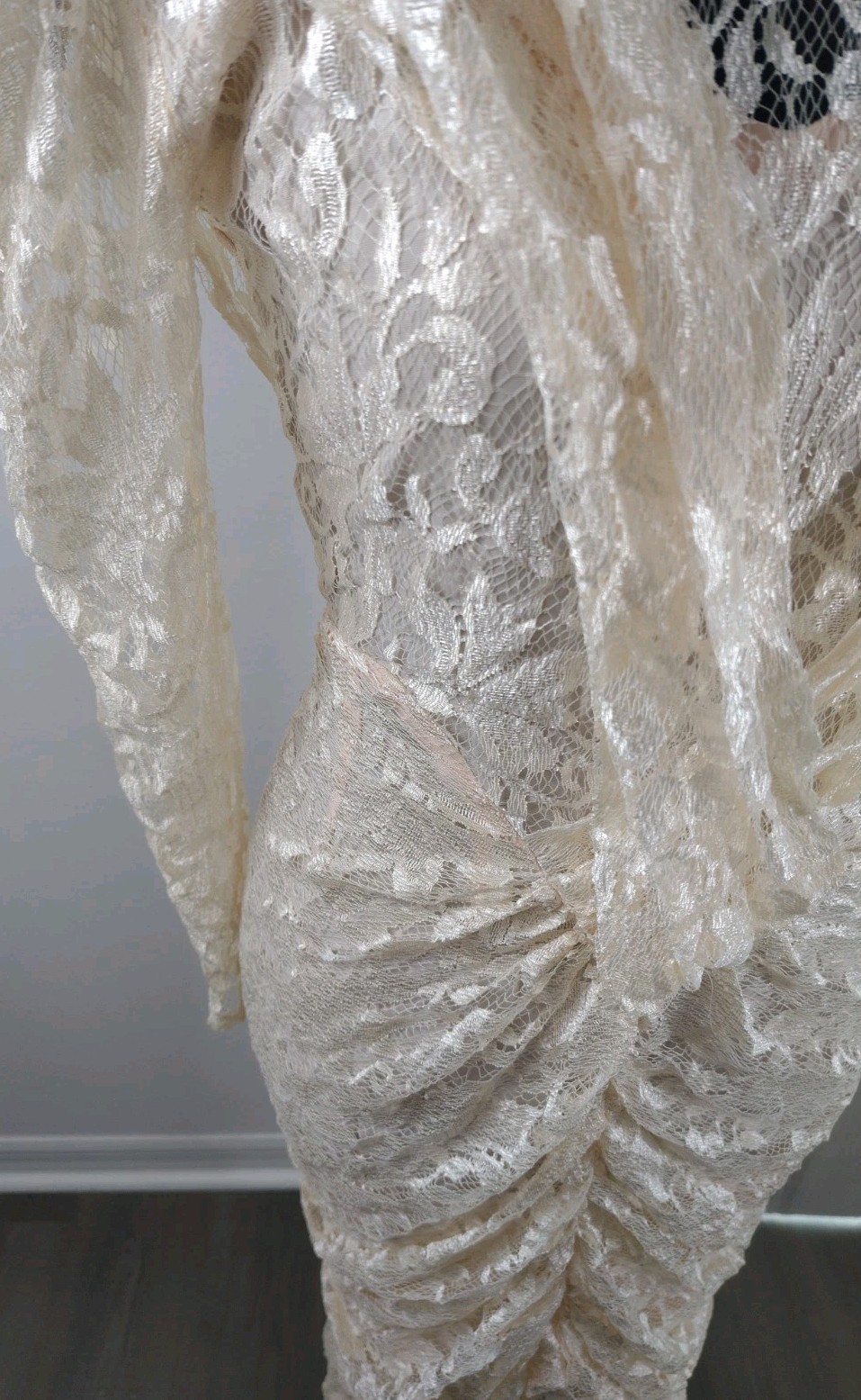Vtg 80s A La Carte Lace Dress Griselda Sofia Vergara Cream Ruched Cocktail 5-6