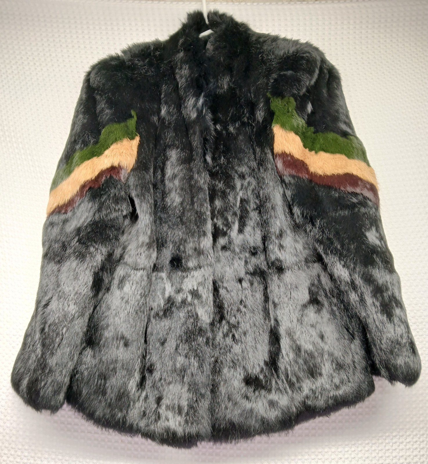 VINTAGE MULTICOLOR GENUINE RABBIT FUR SATIN LINING COAT WOMEN’S L FREE SHIP NICE