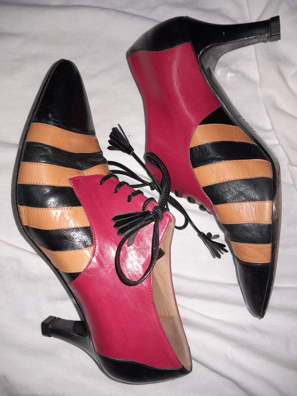 Vtg 80s 90s MOSCHINO Stripe Spectator Pump Witch Heel Victorian Boot Shoe 37 6.5