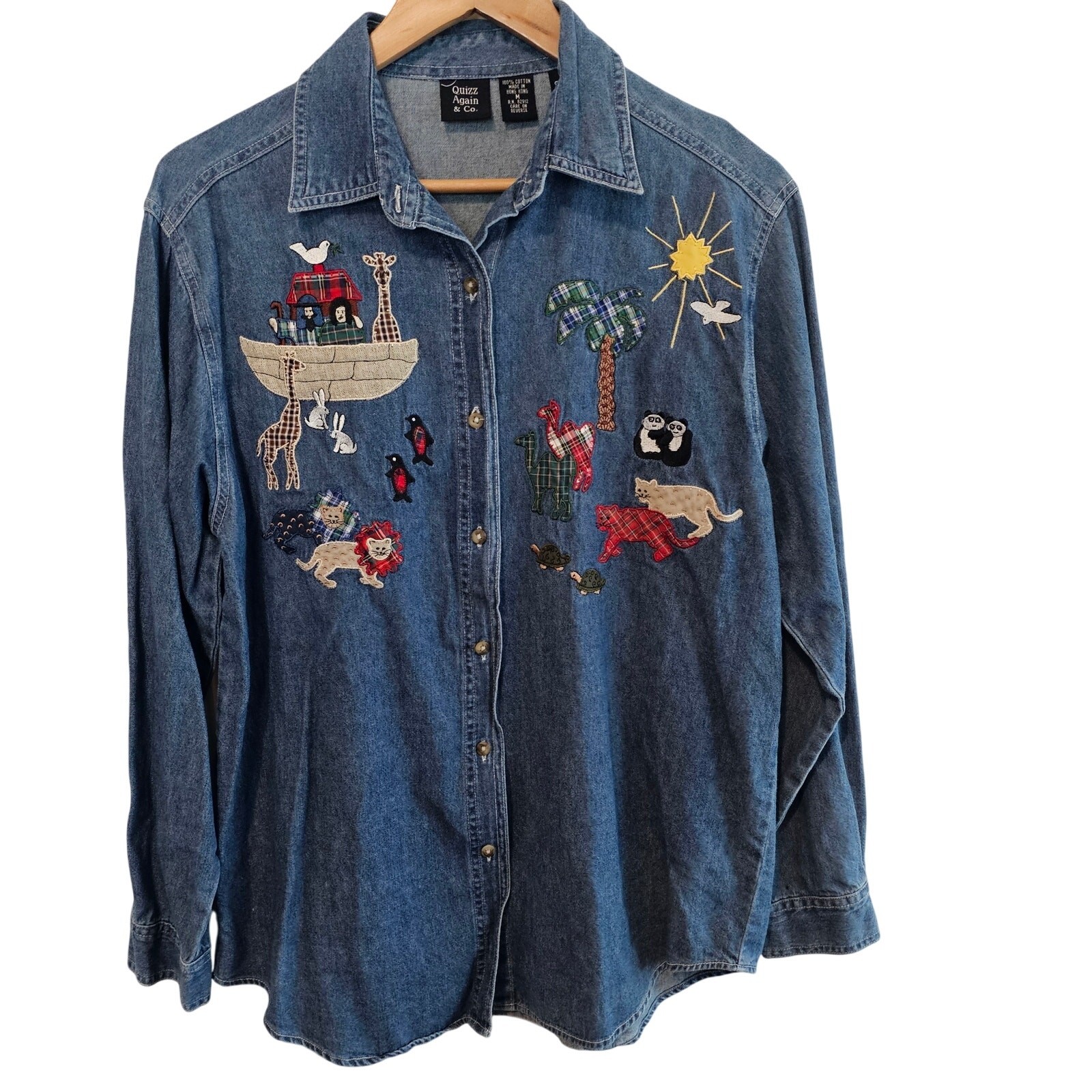 Vintage Noah’s Ark Denim Blouse Women Medium 90s Button Animals Christian Bible