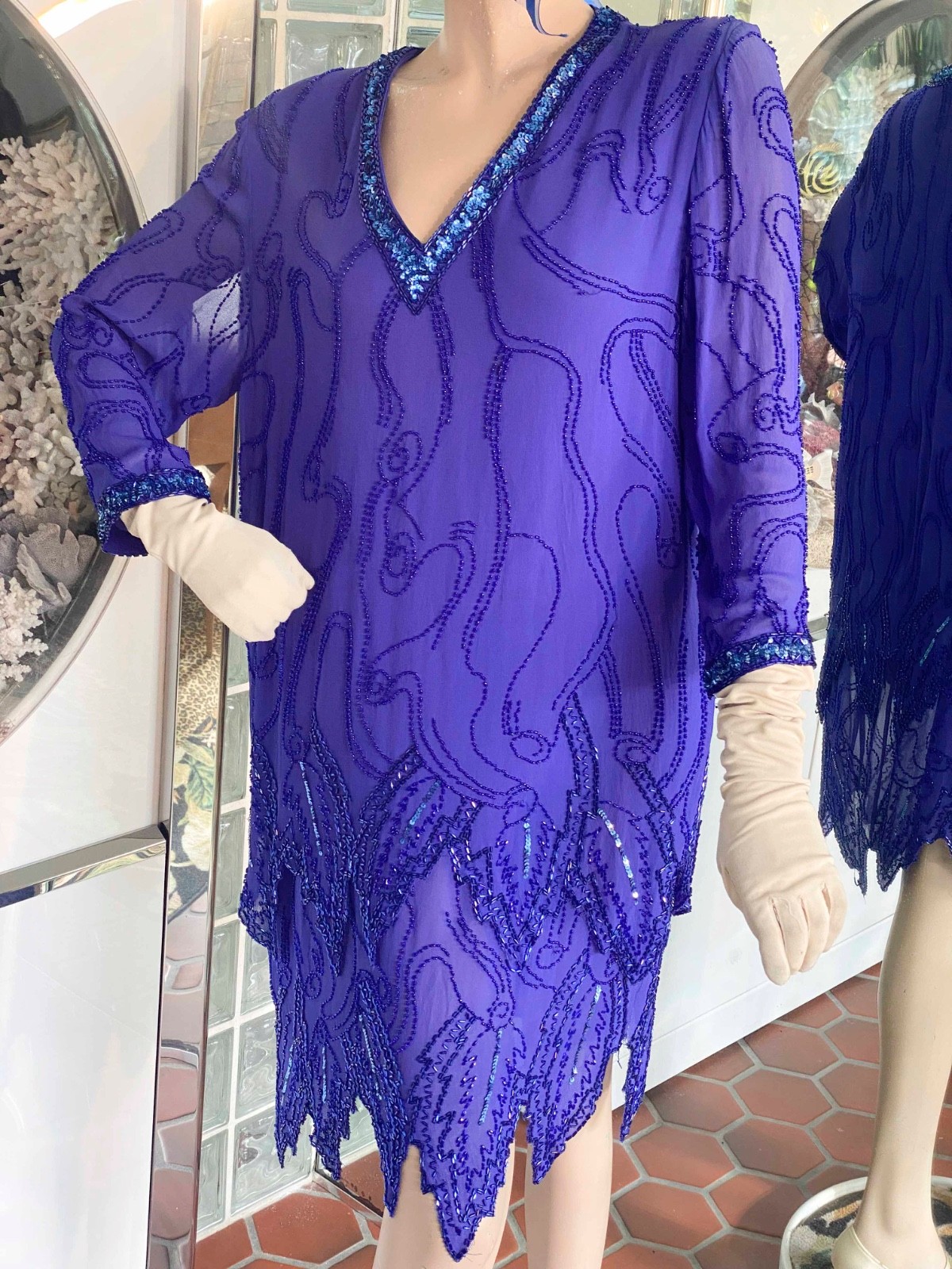 VTG Blue Silk Beaded Drop waist Layer Dress 1920s Flapper Inspired Size L-XL