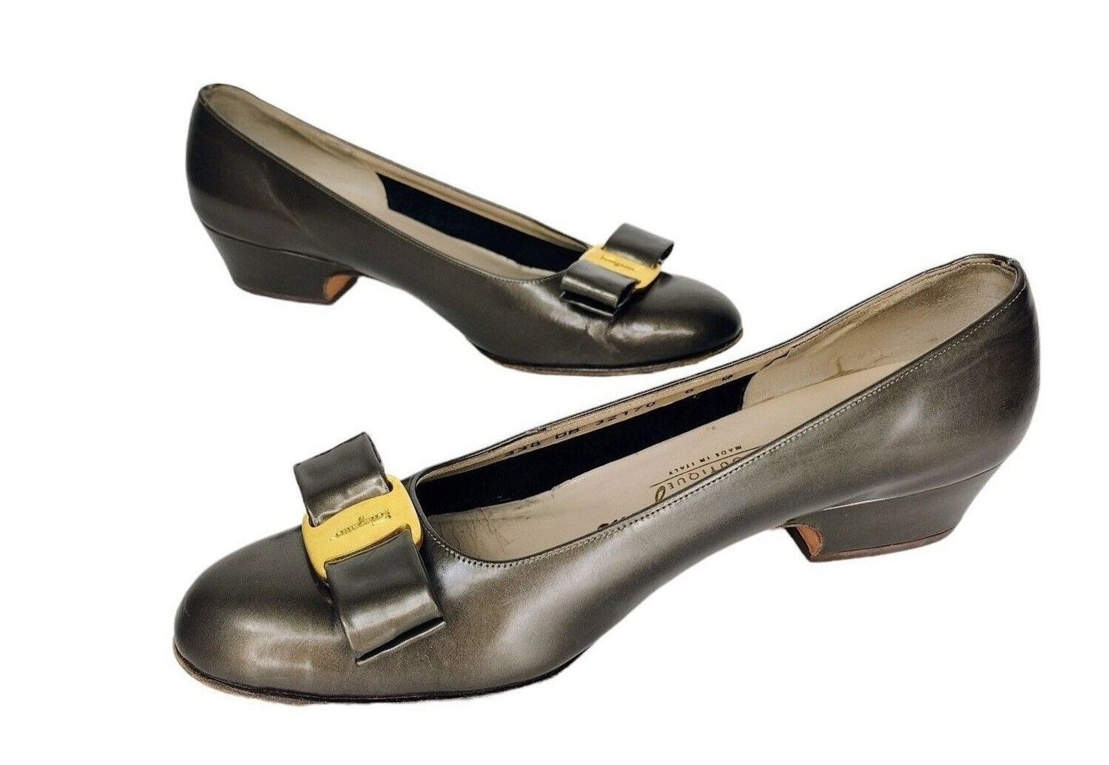 Salvatore Ferragamo Vintage 338 Lillaz Vara Pearled Bronze Leather Bow Pumps