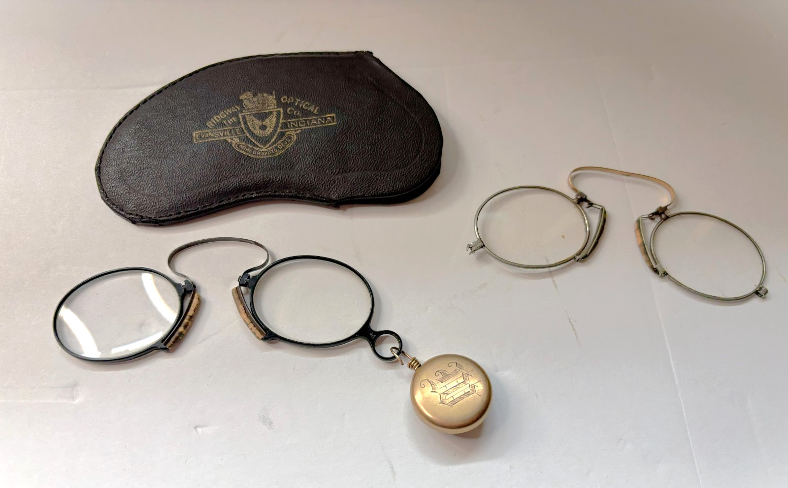 2 Pairs of Antique Pince Nez Spectacle Glasses, Lanyard Lapel Pin and a Case