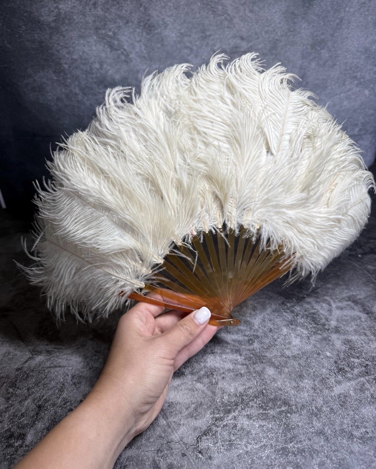Vintage Ostrich Feather Fan Burnt Orange Faux Tortoiseshell Art Deco Flapper