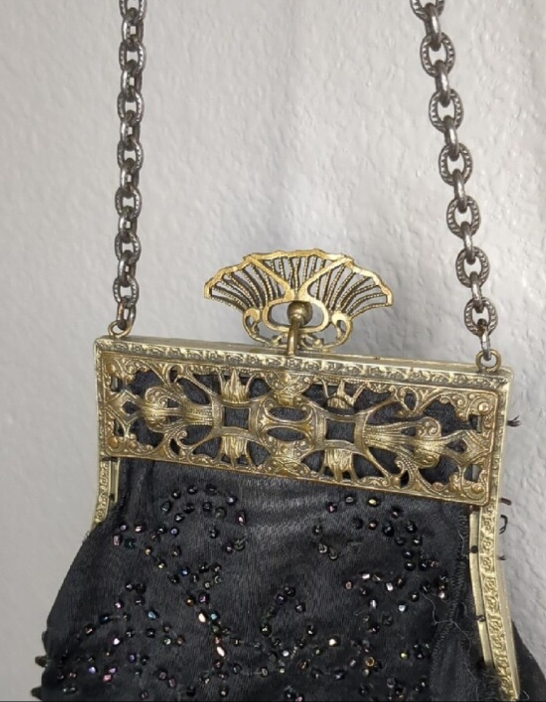 1920s Art Nouveau Beaded Evening Bag Black Brass Kisslock Purse
