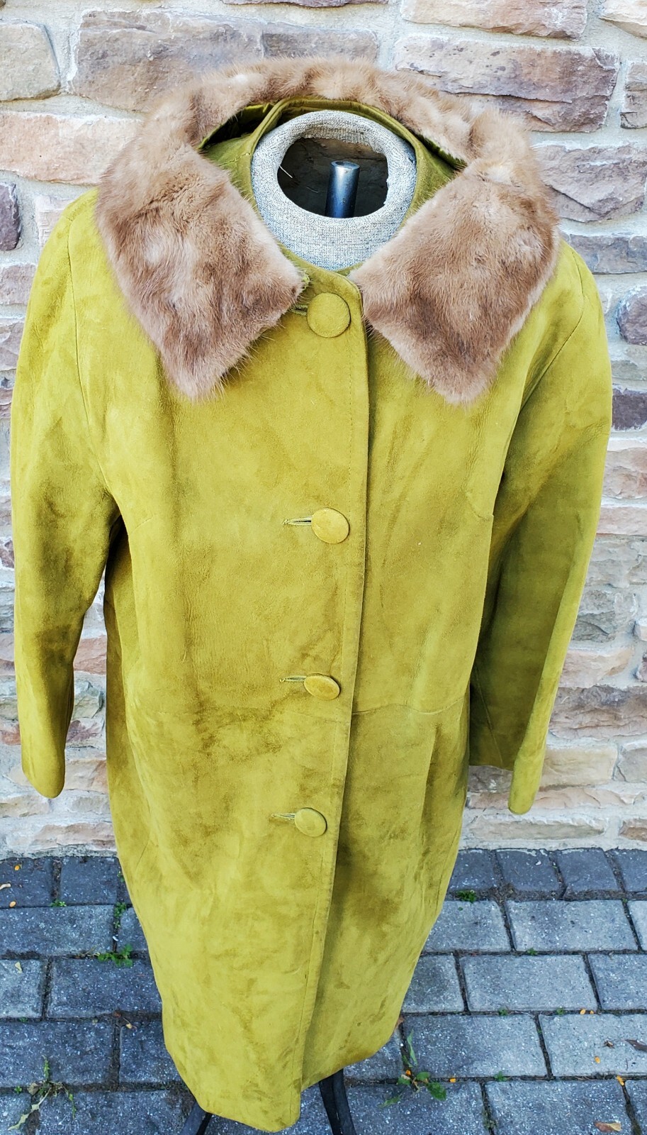 Vtg Suede Leather Coat Jacket With Real Fur Collar 1960s Mod Retro Teal Green S