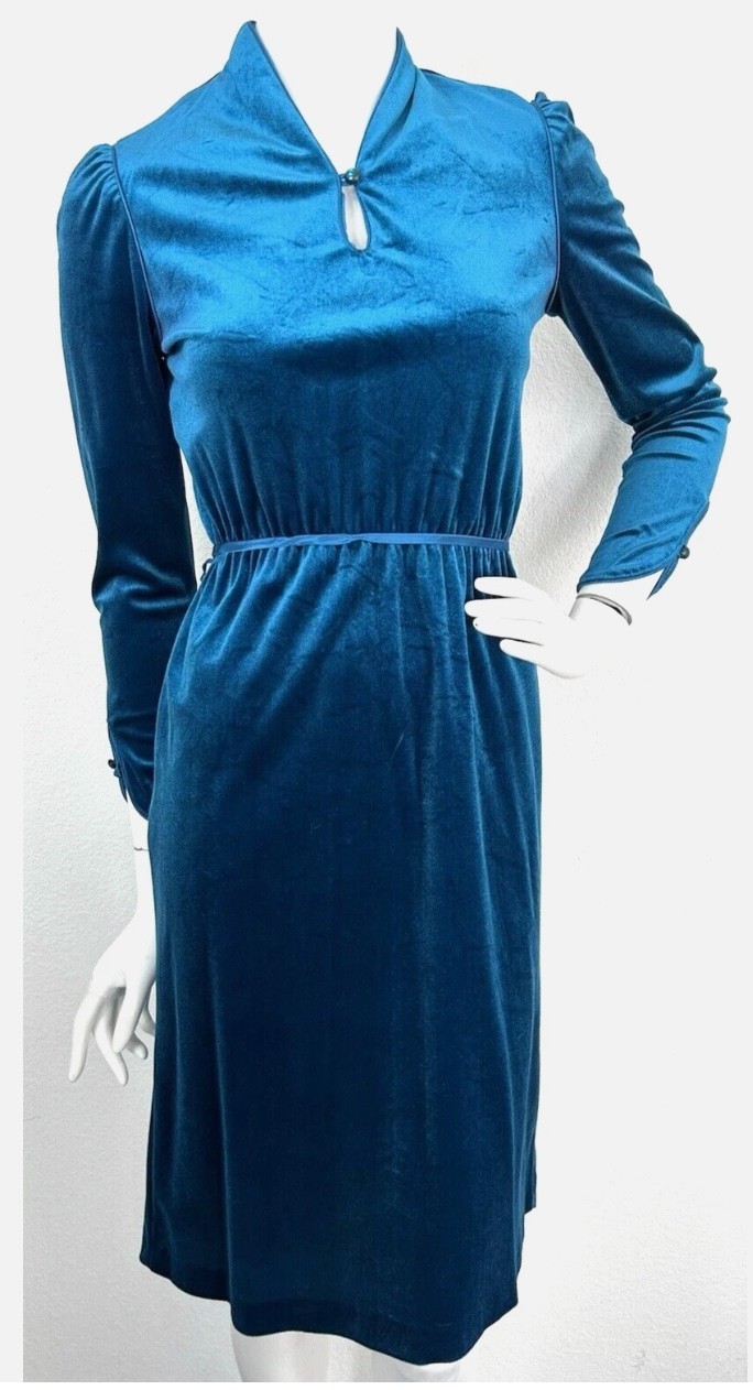 70s Velour Dress Size XS Turquoise Long Sleeve Stretch Belt Satin Trim USA EUC