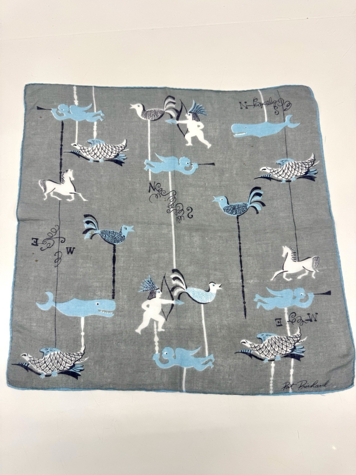 Vtg Pat Prichard Fine Cotton Handkerchief MCM Fabric Designer 1950’s Blue Gray
