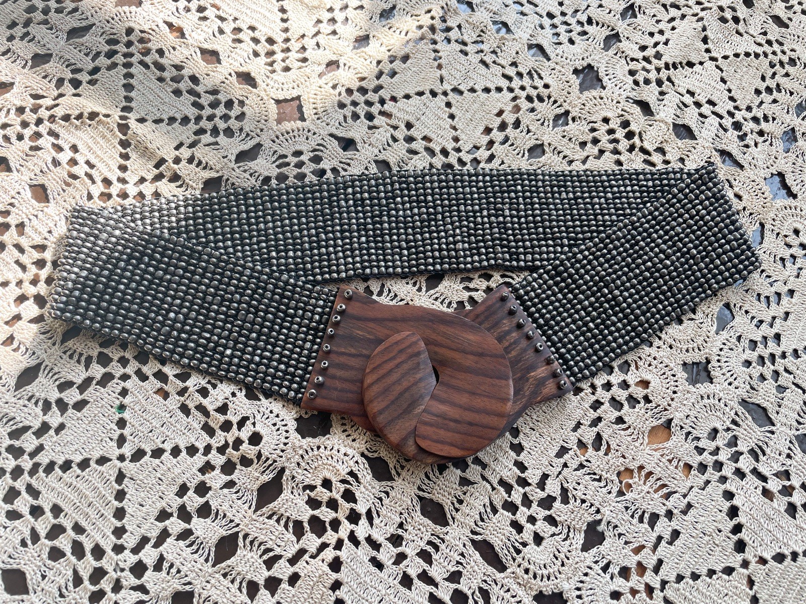 Vintage Boho Beaded Stretch Belt Silver Beads Wooden Hand Carved Buckle OS