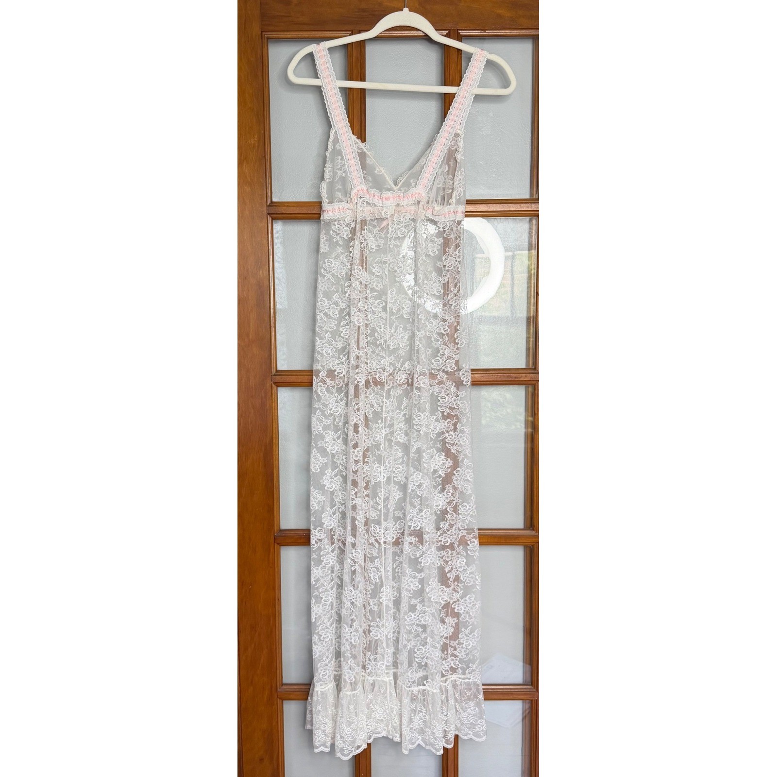 70s Vintage Wedding Night Sheer Floral Lace Robe Gown Set White Peignoir SMALL