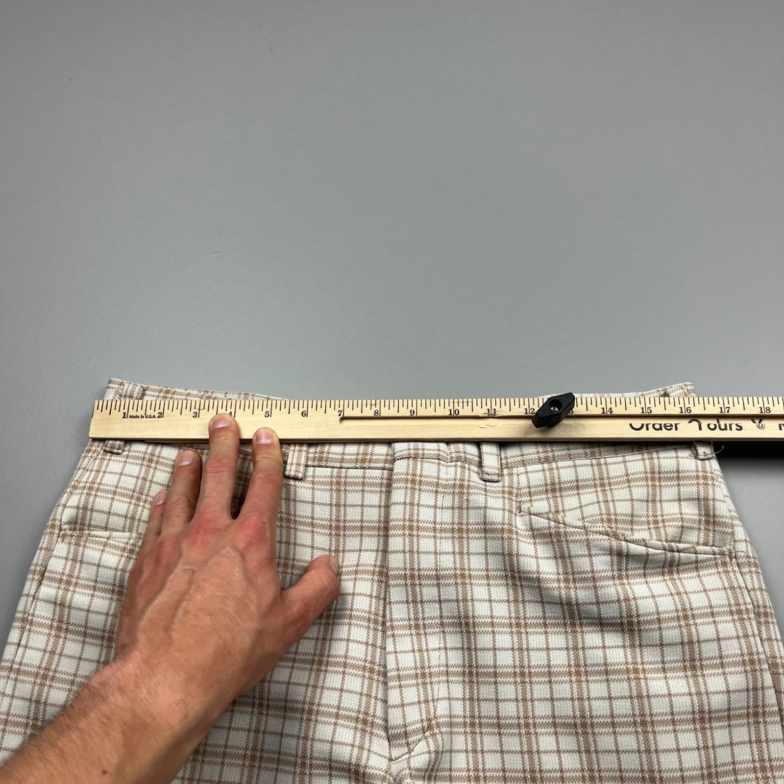 70s Sears Kings Road Trousers Mens 34 Long Tan Plaid Perma-Prest Flared Disco