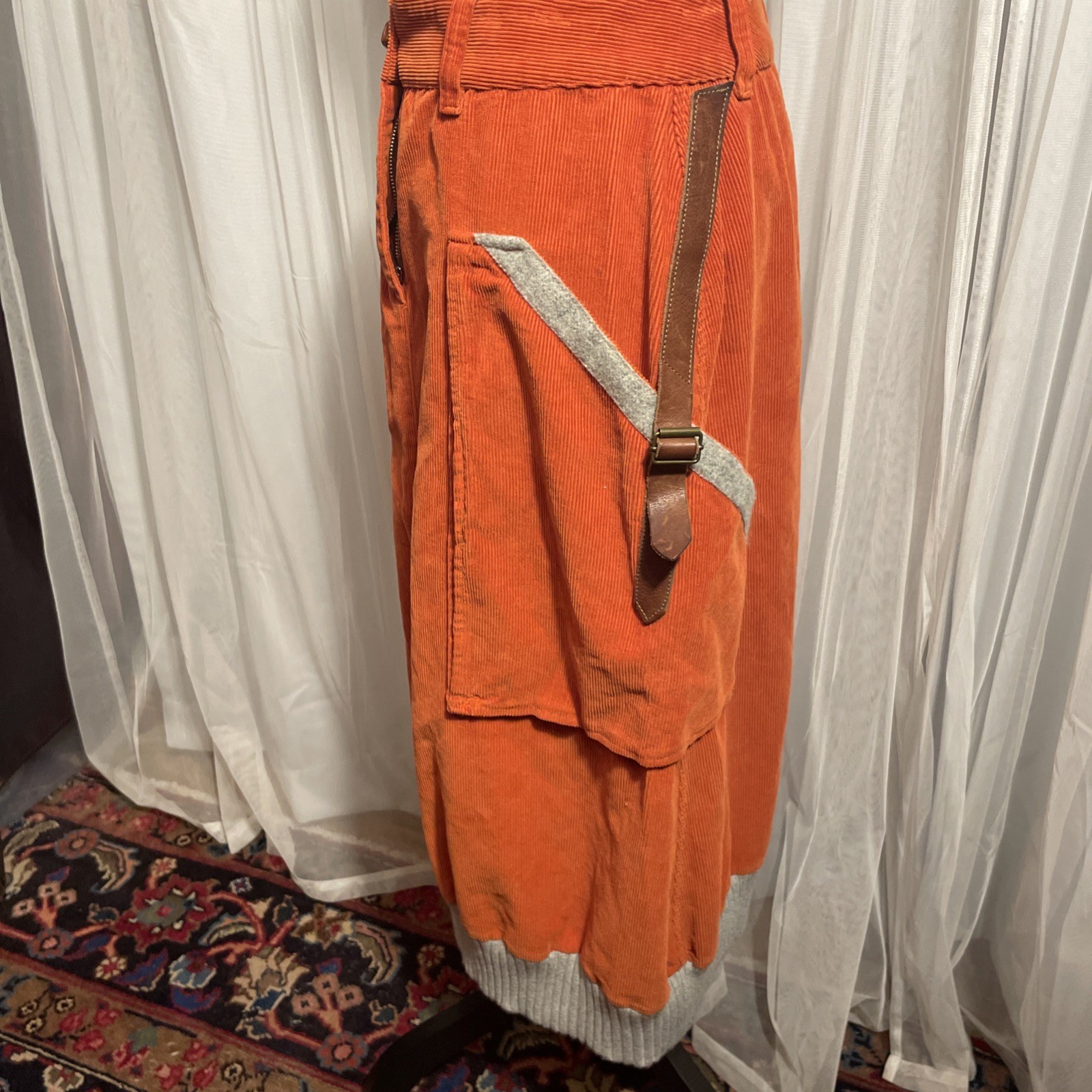 Luis Trenker Corduroy Utility Skirt Orange Leather Detail Pockets Sweater Hem
