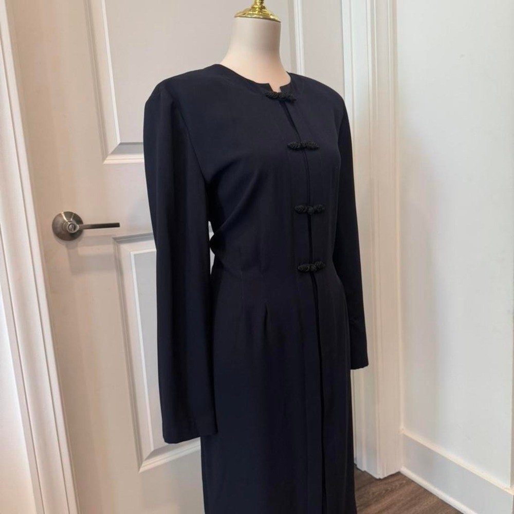 Vintage Debra Michaels Navy Midi Dress Frog Button Front Long Sleeve Size 16
