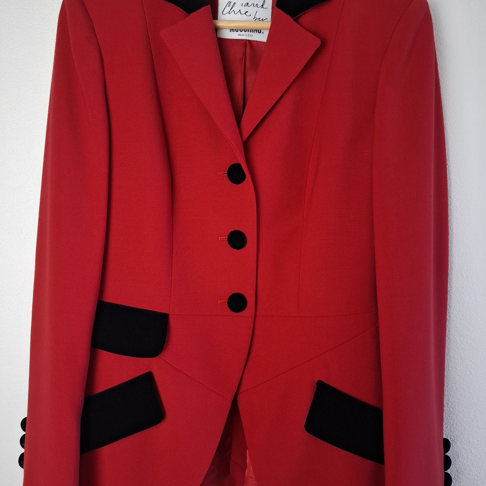 Vintage Moschino Cheap & Chic Red Wool Tuxedo Blazer Black Velvet IT 44 AU 12-14