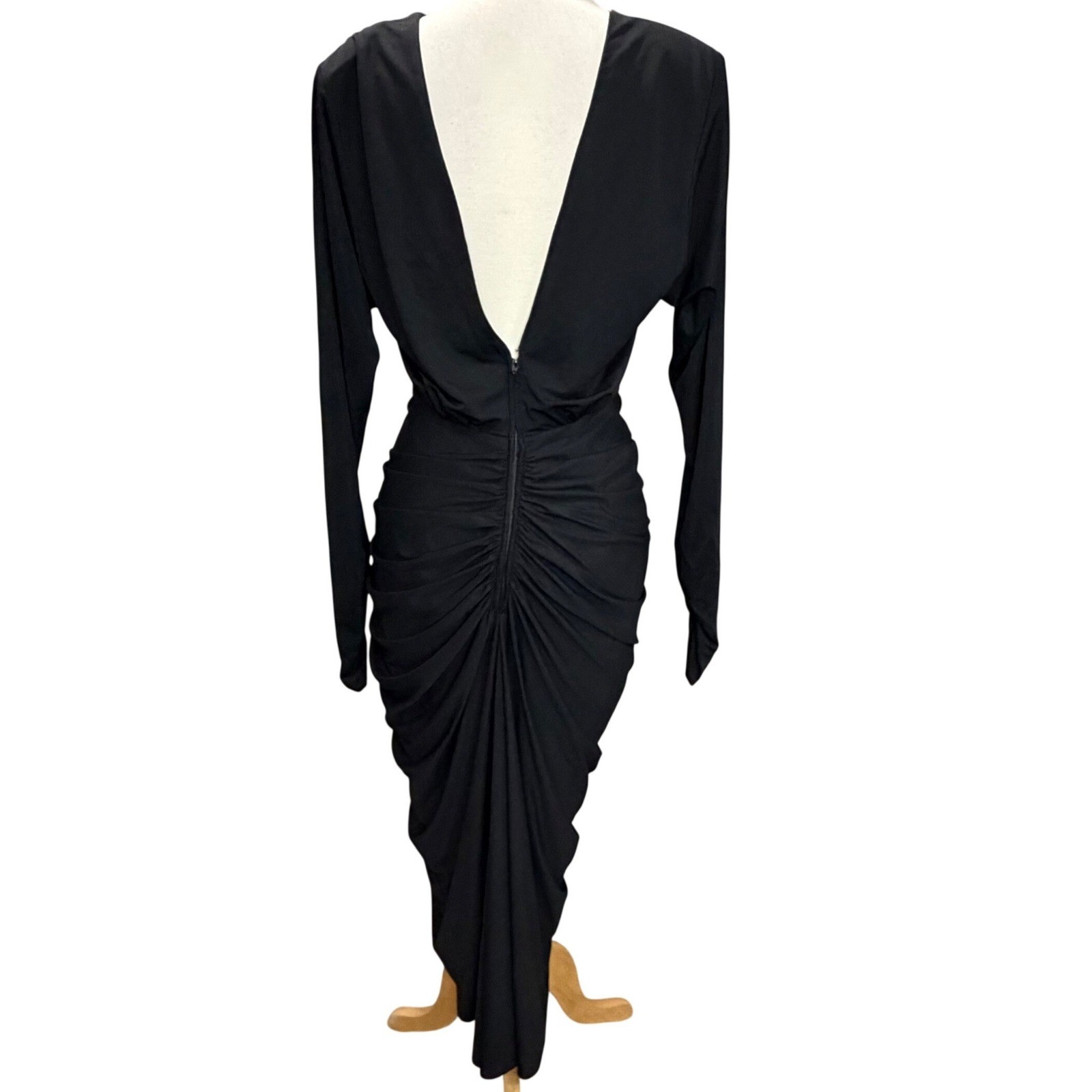 Vintage 80s Siasia New York Cocktail Dress 10 Open Back Ruched Rhinestone Accent