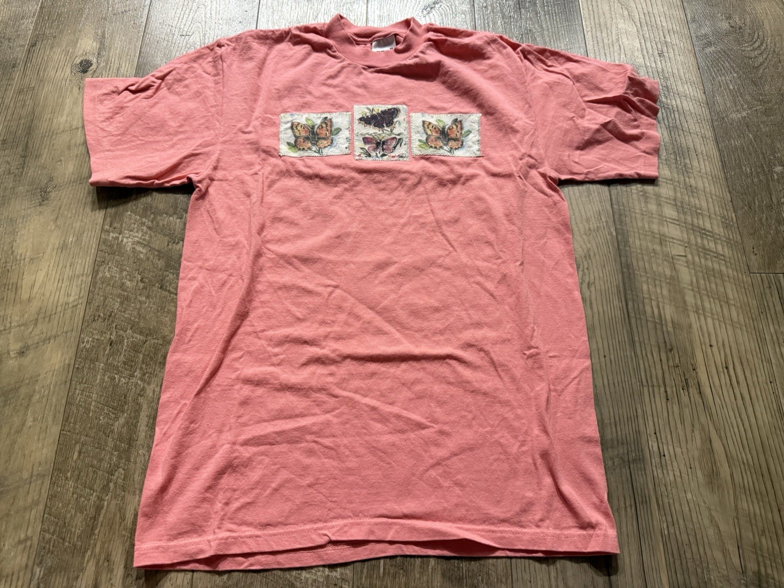 Vintage Anvil Butterfly Stamp T Shirt Medium Coral Pink Cottagecore Nature Tee