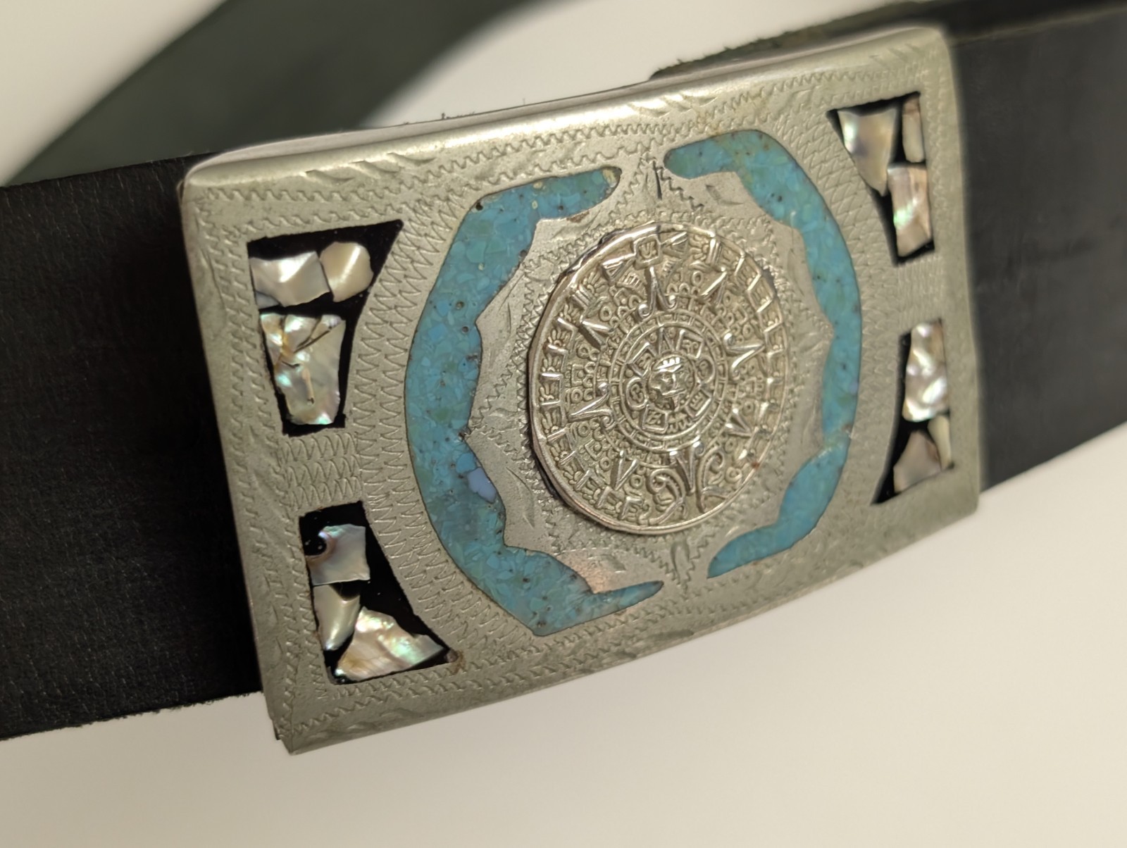 Vintage Mexico Alpaca Silver Aztec Calendar Belt Turquoise MOP Inlay Black…