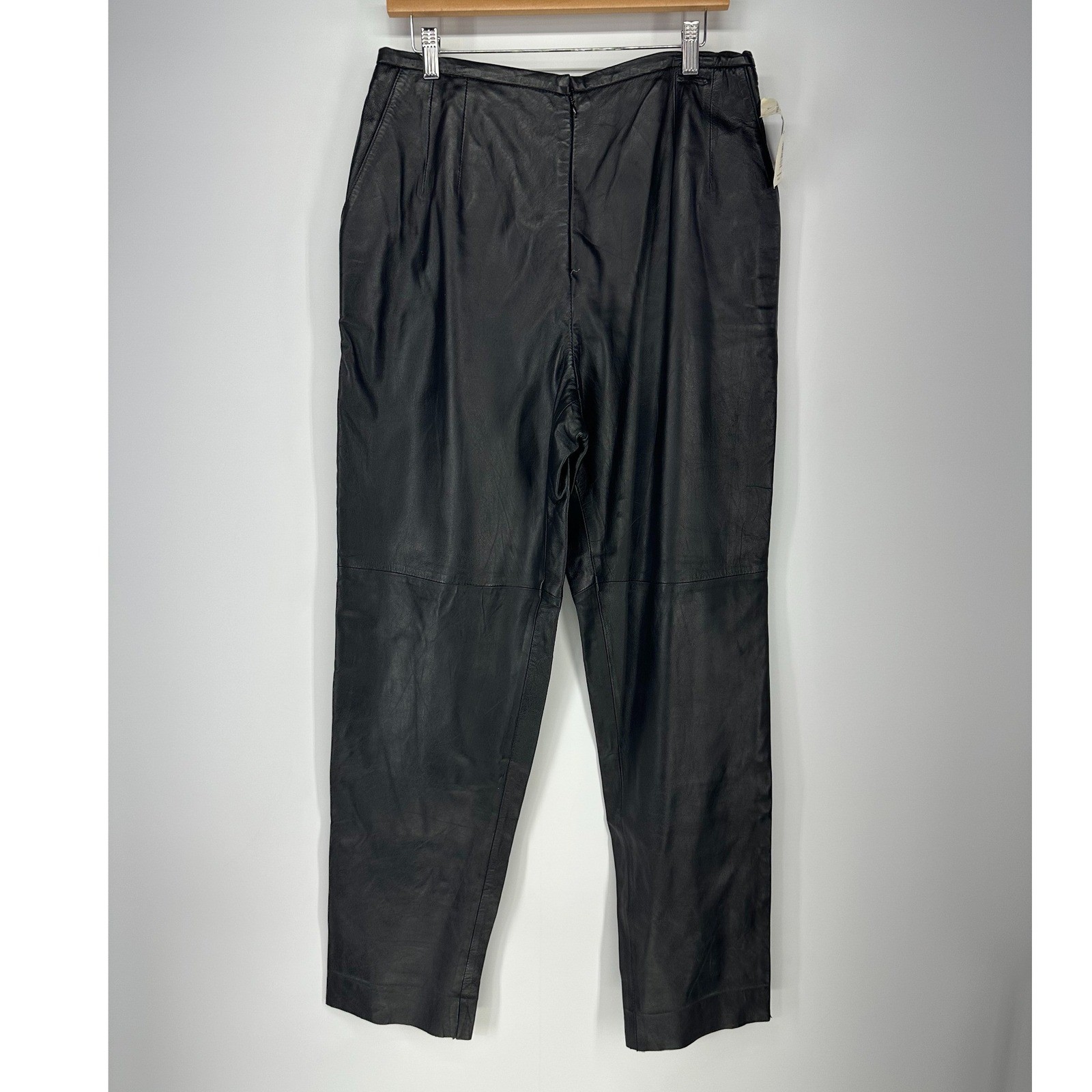 Harvé Benard Leather Pants Womens 14 Black Vintage High Waisted Tapered NWT Chic