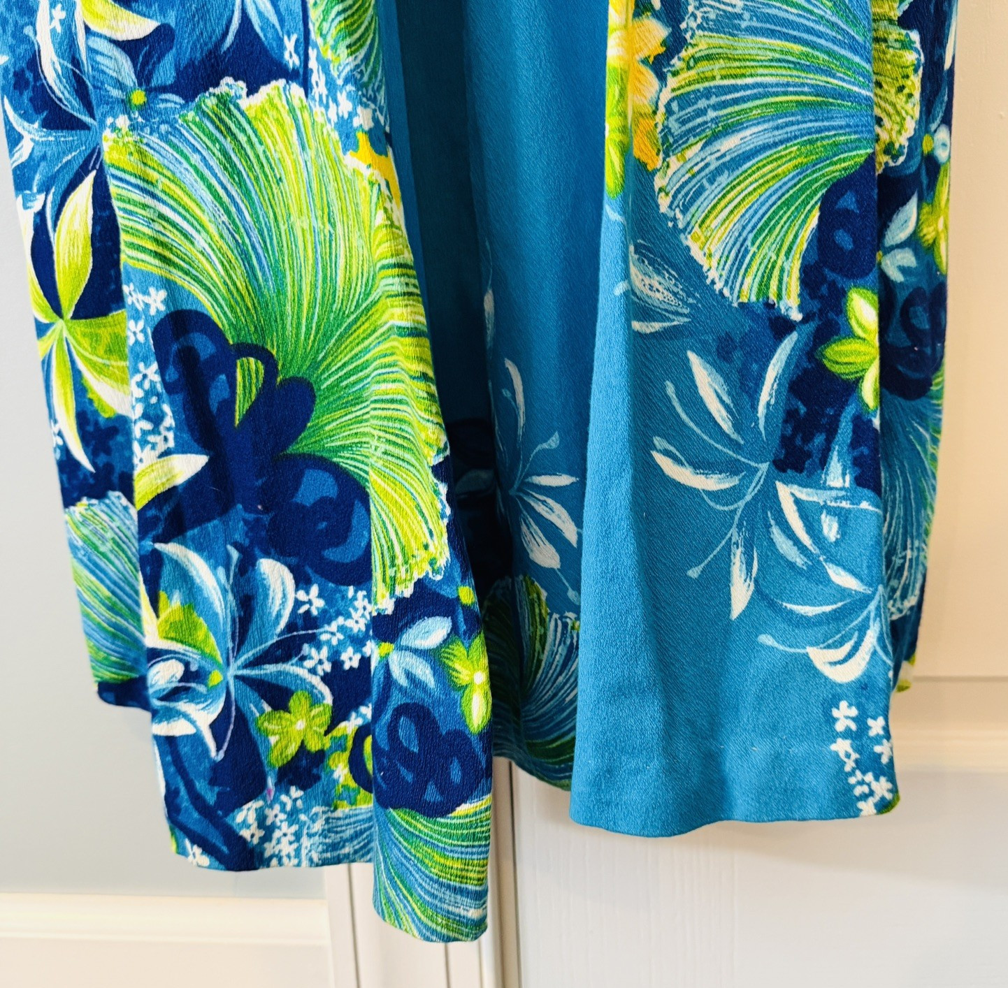 VTG Women’s Hawaiian Togs Blue Floral Barkcloth Pleated Train Maxi Dress Sz XS
