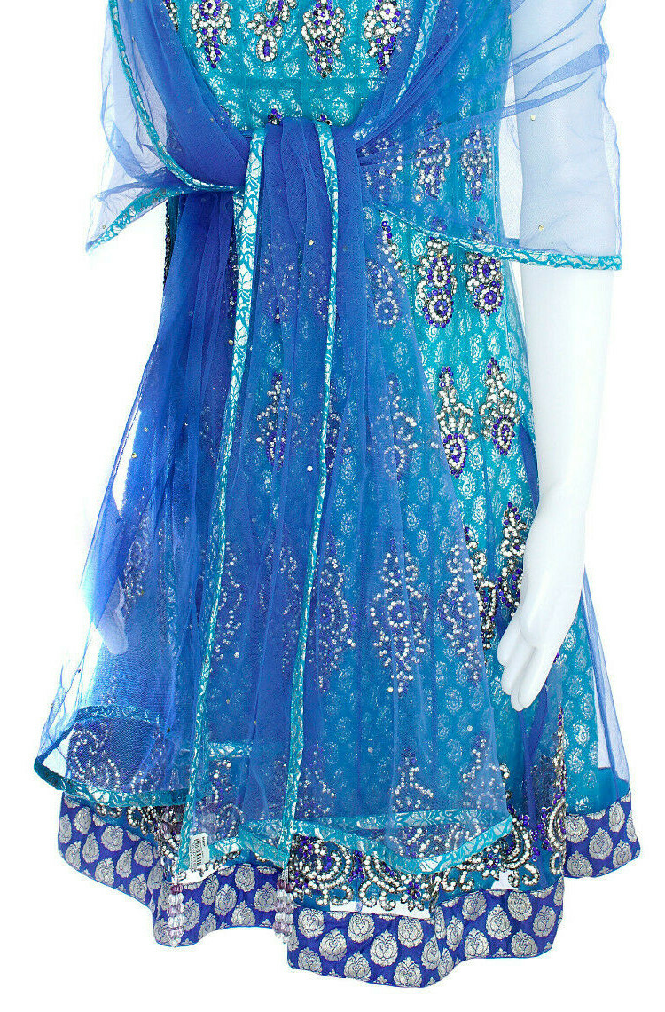 Style of India Special Occasion Beaded Dress and Scarf Expert Stonework Blue SM