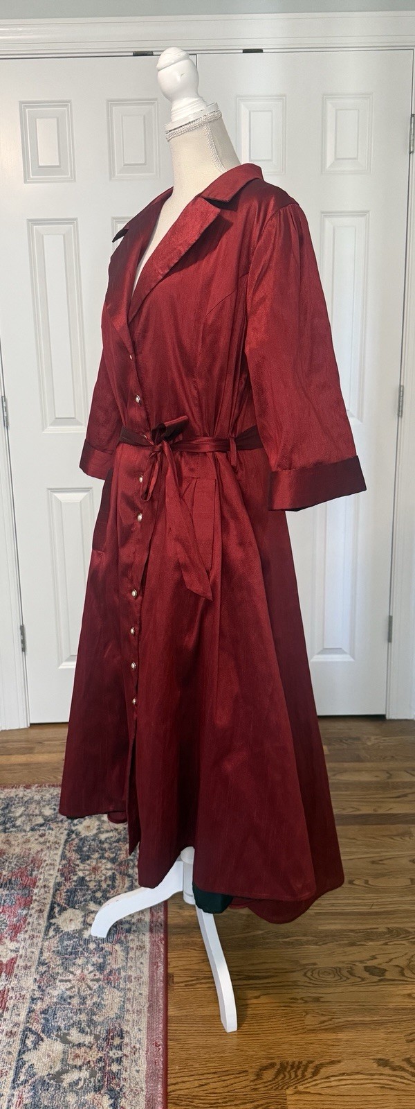 Vintage Wine Buttoned & Belted Portrait-Collar Taffeta Hi Low Dress Sz 2X