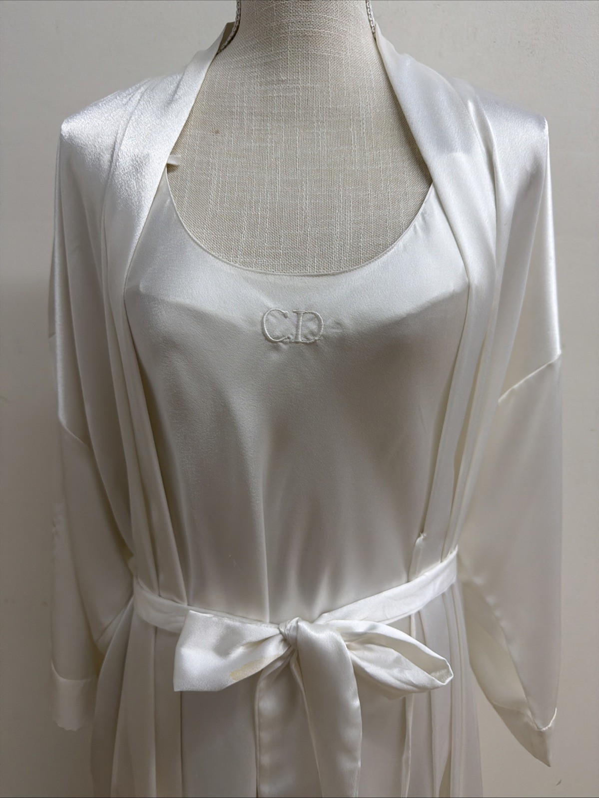 Christian Dior Vtg Maxi Nightgown Satin Slip Dress Small & Robe Small Ivory