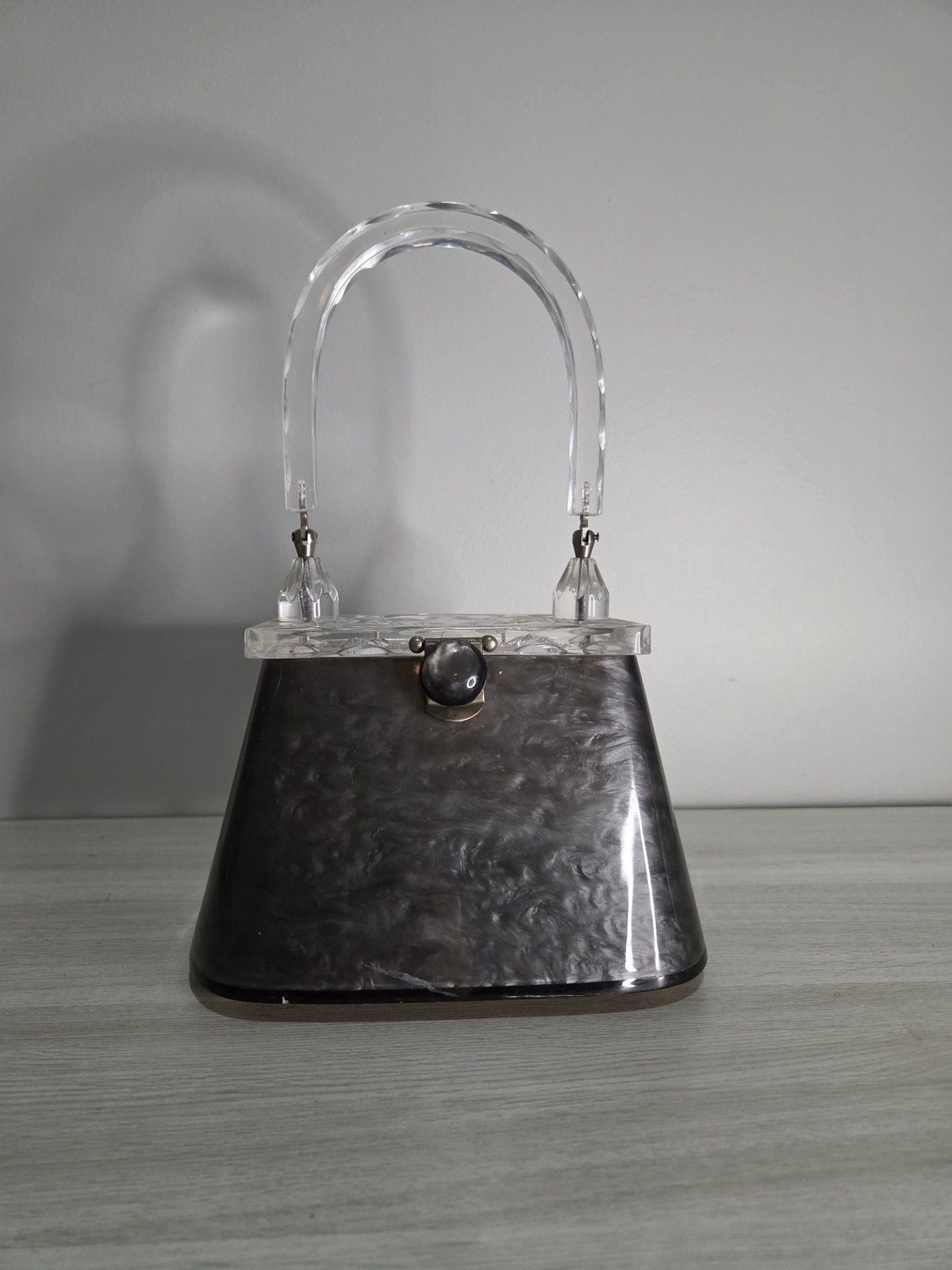 Vintage 1950s Original Rialto N.Y. Lucite Top Handle Box Purse in Grey Marbleize