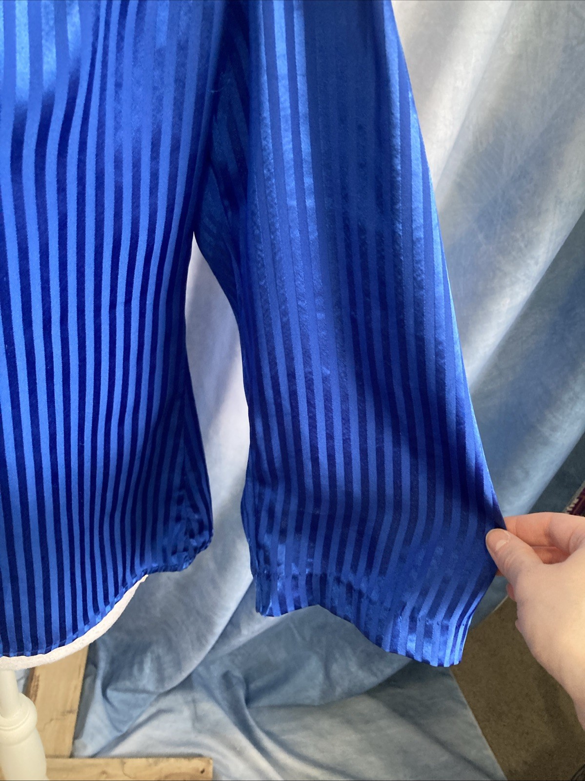 Vintage 80s 166 Royal Blue Silky Satin Secretary Blouse Button Up Top 3/4 Sleeve