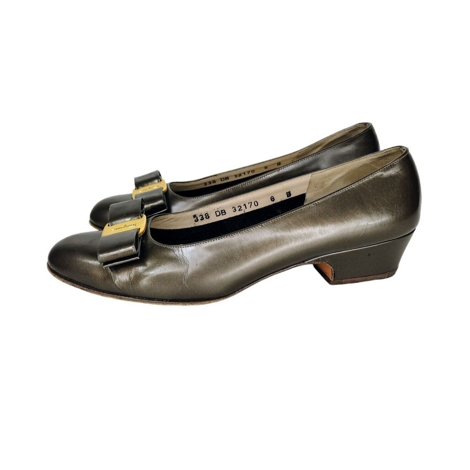 Salvatore Ferragamo Vintage 338 Lillaz Vara Pearled Bronze Leather Bow Pumps