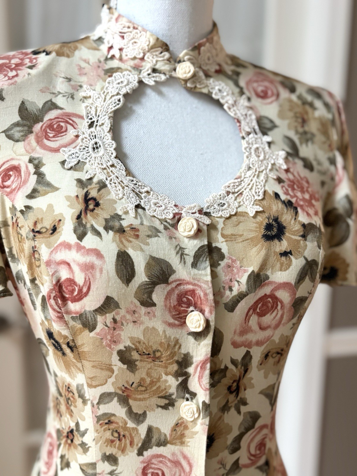 Vintage Joni Blair Floral Rayon Midi Dress Cottagecore Lace Keyhole Size 3