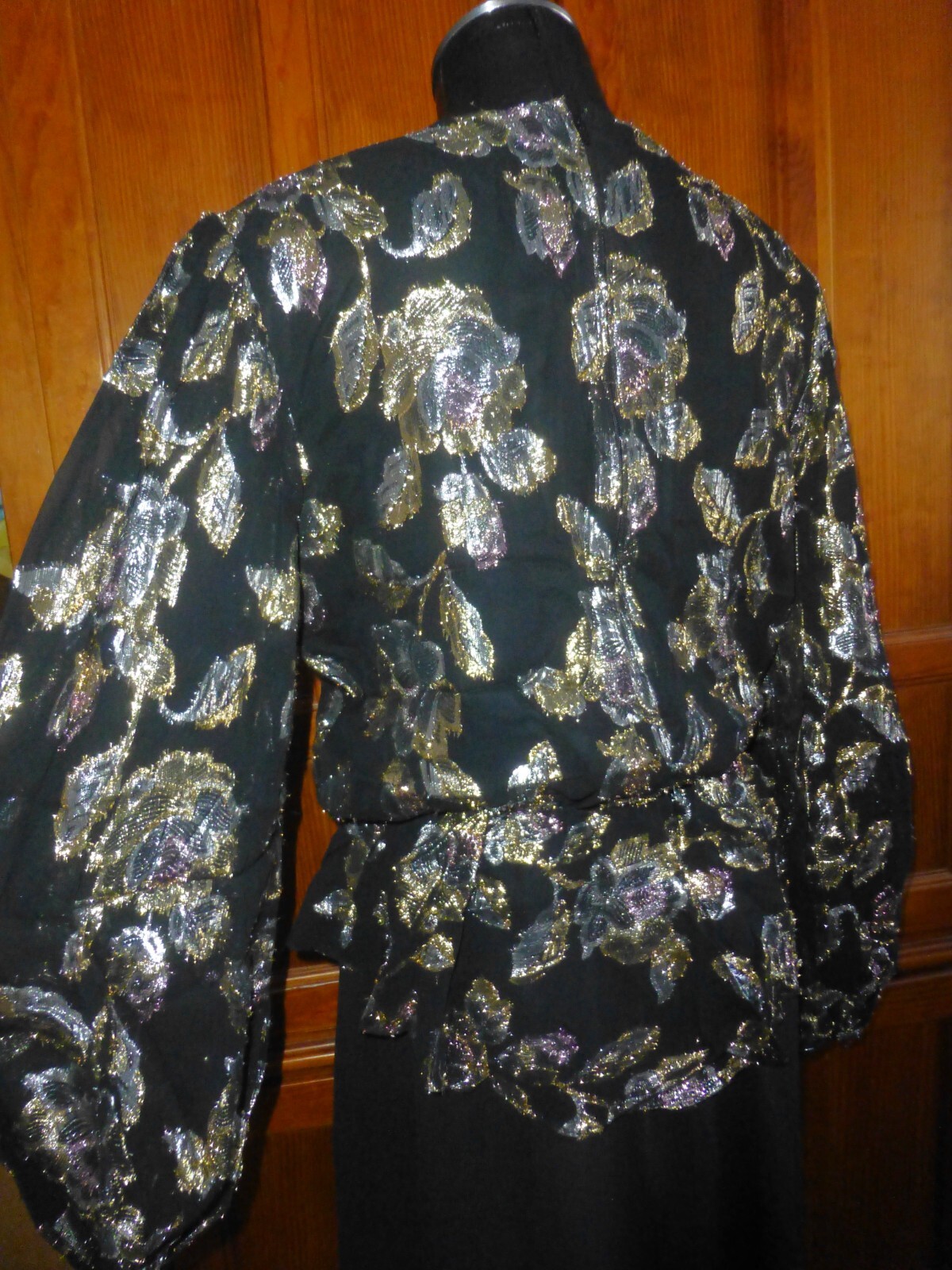 Vtg 80s METALLIC Lurex Lame Burnout Chiffon Balloon Slv Peplum Evening DRESS L