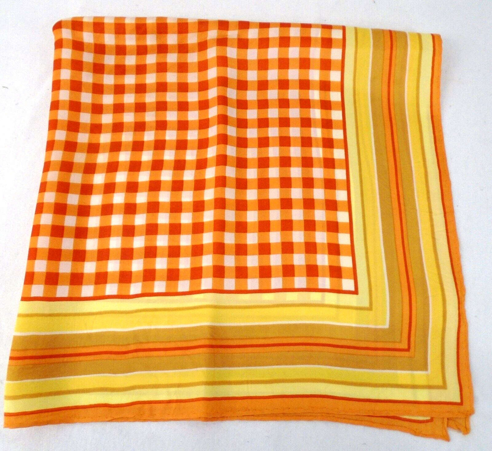 Vintage Alentex Orange Yellow Plaid Stripes Square Acetate Scarf 22.5″ Japan