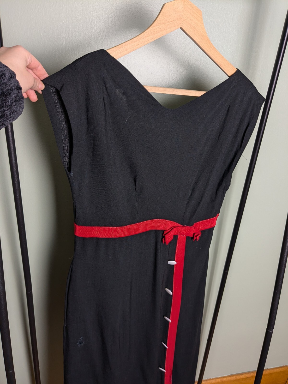 As Is 1960s Black Wiggle/ Pencil Dress With Red Ribbon And Buttons Pin Up