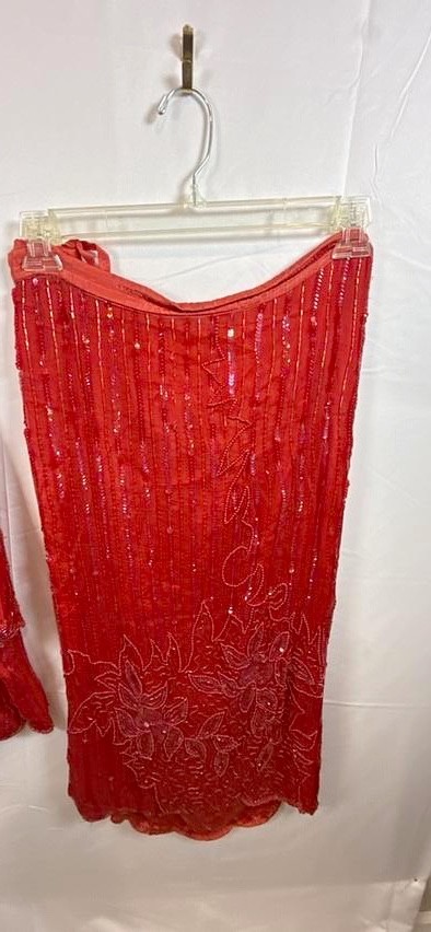 Vtg 90s Red Silk Beaded Sequin Skirt Set Plus Size 1X 2X Cocktail Dress Evening