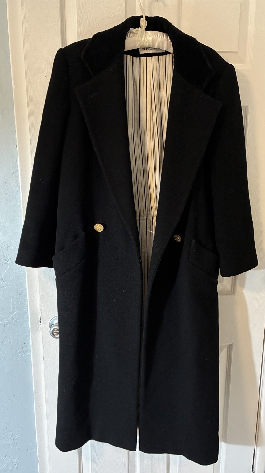 Vintage Bill Blass Black 1980s Long Wool Coat Velvet Collar Size 10