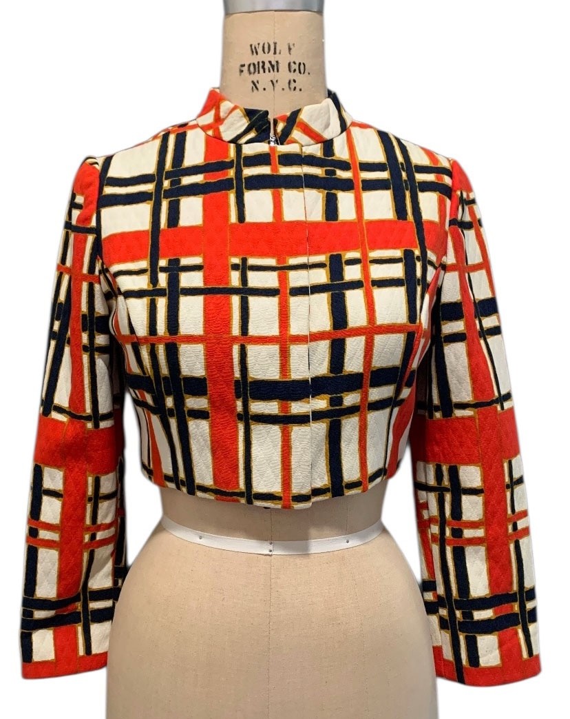 Late 60s Vintage Women’s Saks Fifth Avenue Bold Grid Print Bolero Jacket XS/S