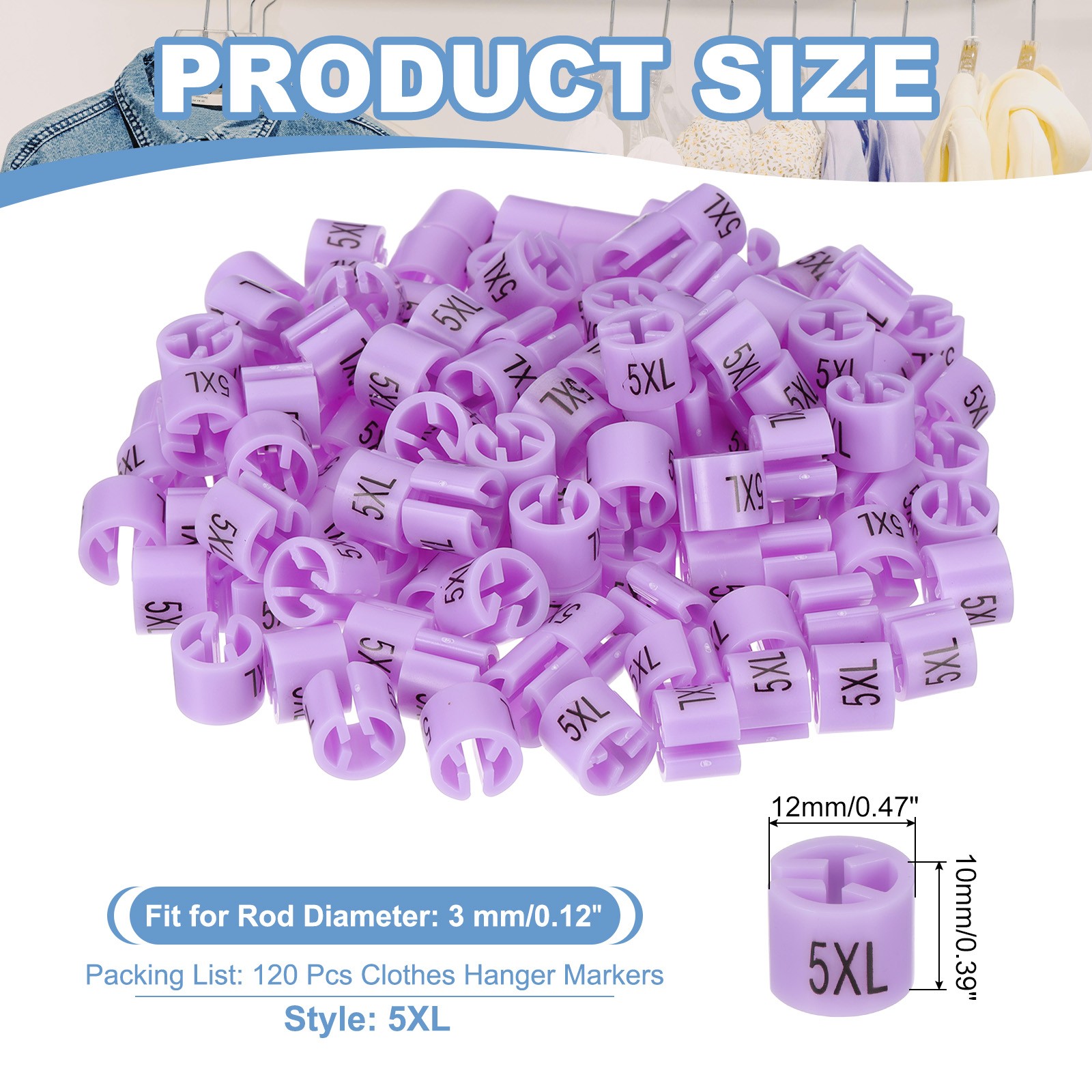 120 Pcs Clothes Hanger Markers, 5XL Size Tag Fit 3mm Rod, Light Purple