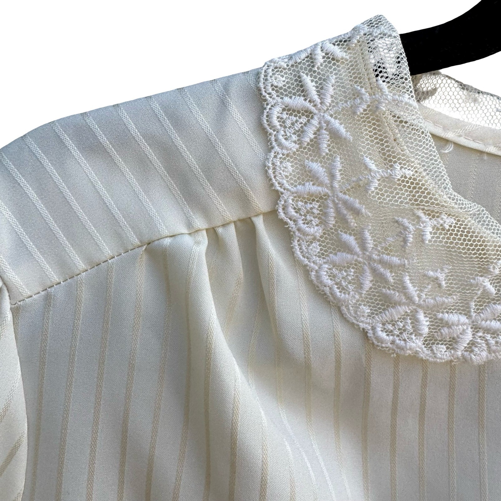 You Babes Vintage Cream Lace Peter Pan Collar Satin Stripe Puff Sleeve Blouse L