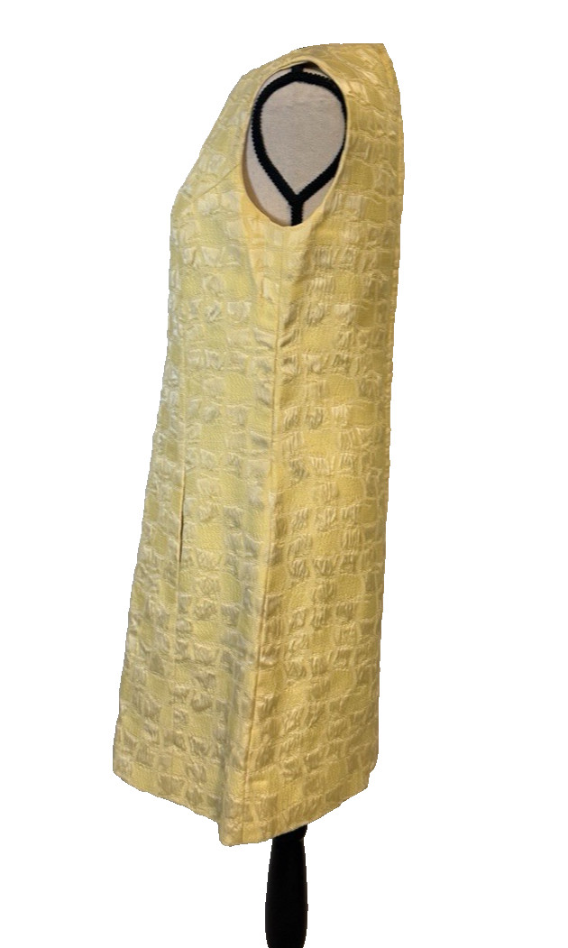 Vintage MOD 60’S Lemon YELLOW Geometric JACQUARD MINI COCKTAIL DRESS Pockets S/M