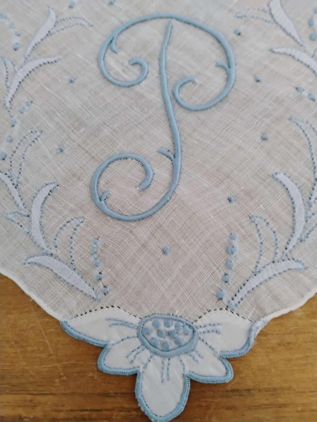 Vgt P Monogram Blue Embroidery White Linen Hankie Handkerchief