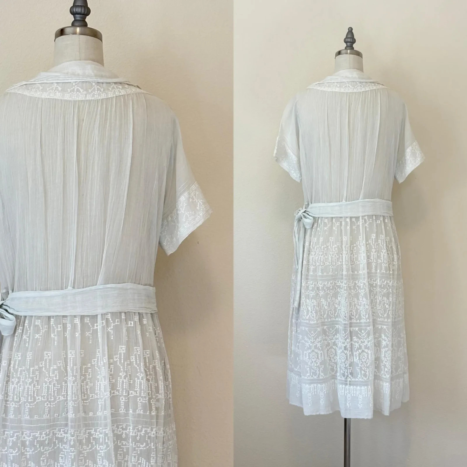 Vintage 20s Embroidered Dress, Hand Embroidered Sheer Cotton Gauze Dress France