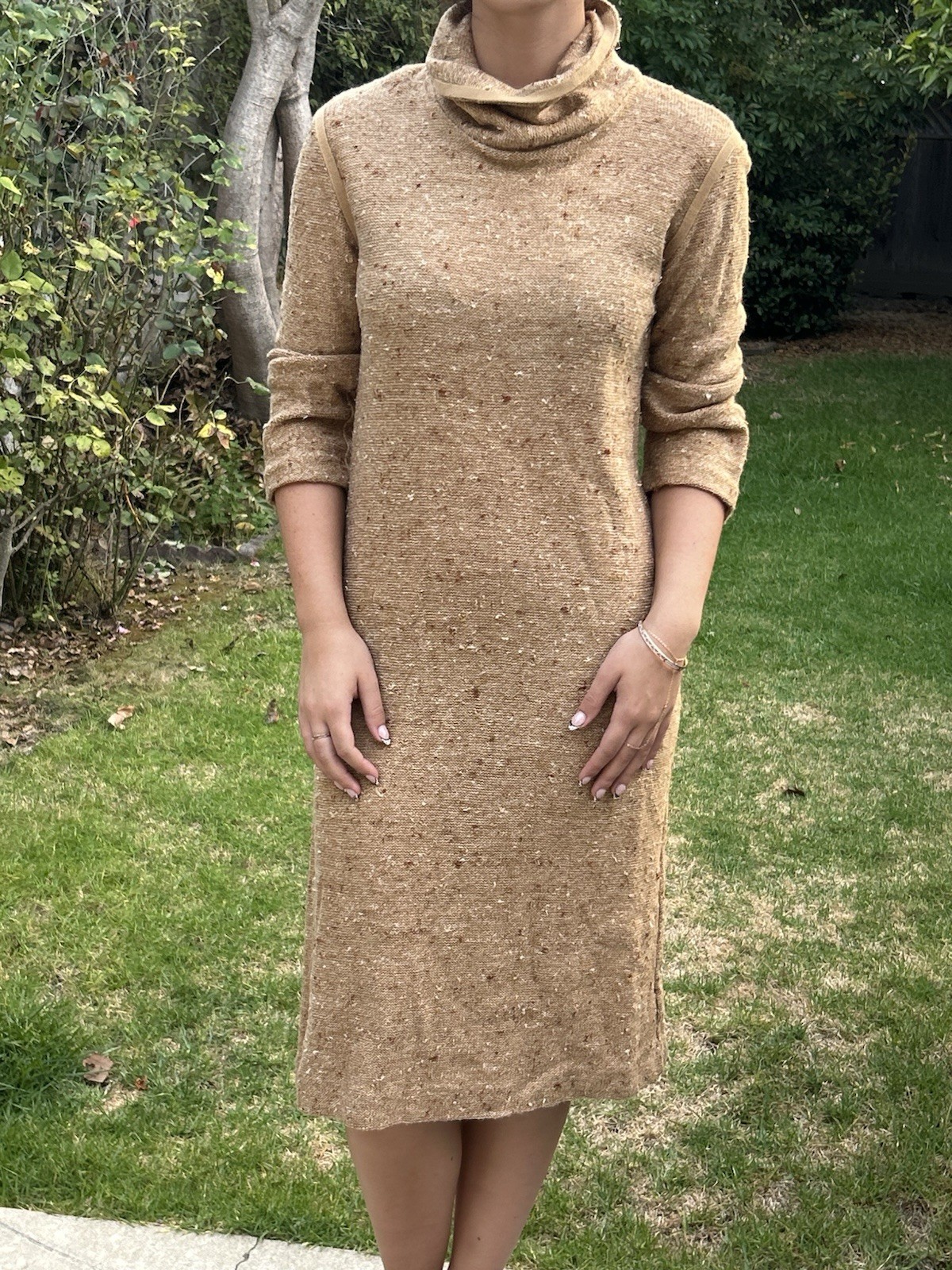 Vintage 70s Ann Wallace 40 W Knit Dress Tan Paris Made In France Boho