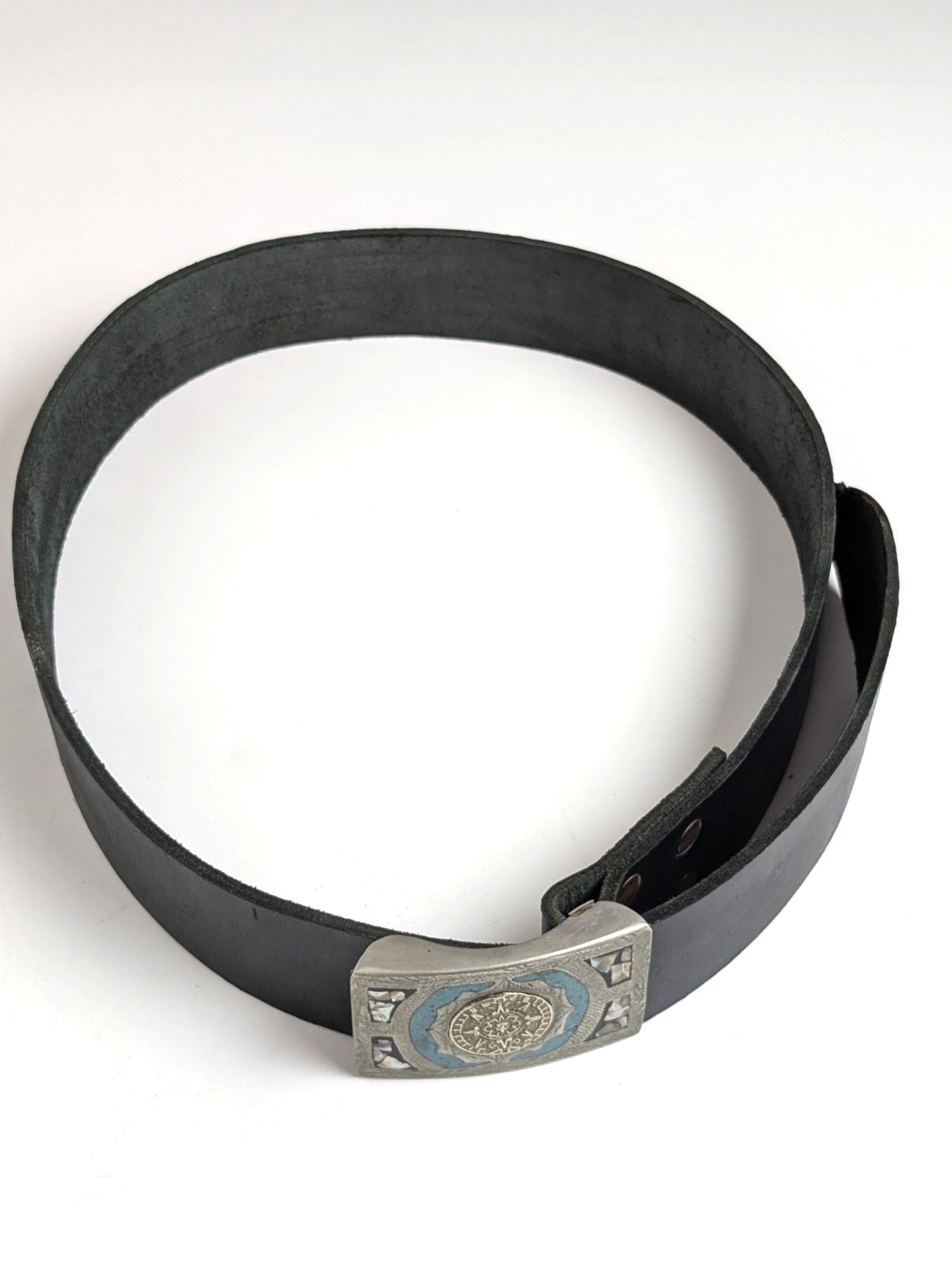 Vintage Mexico Alpaca Silver Aztec Calendar Belt Turquoise MOP Inlay Black…