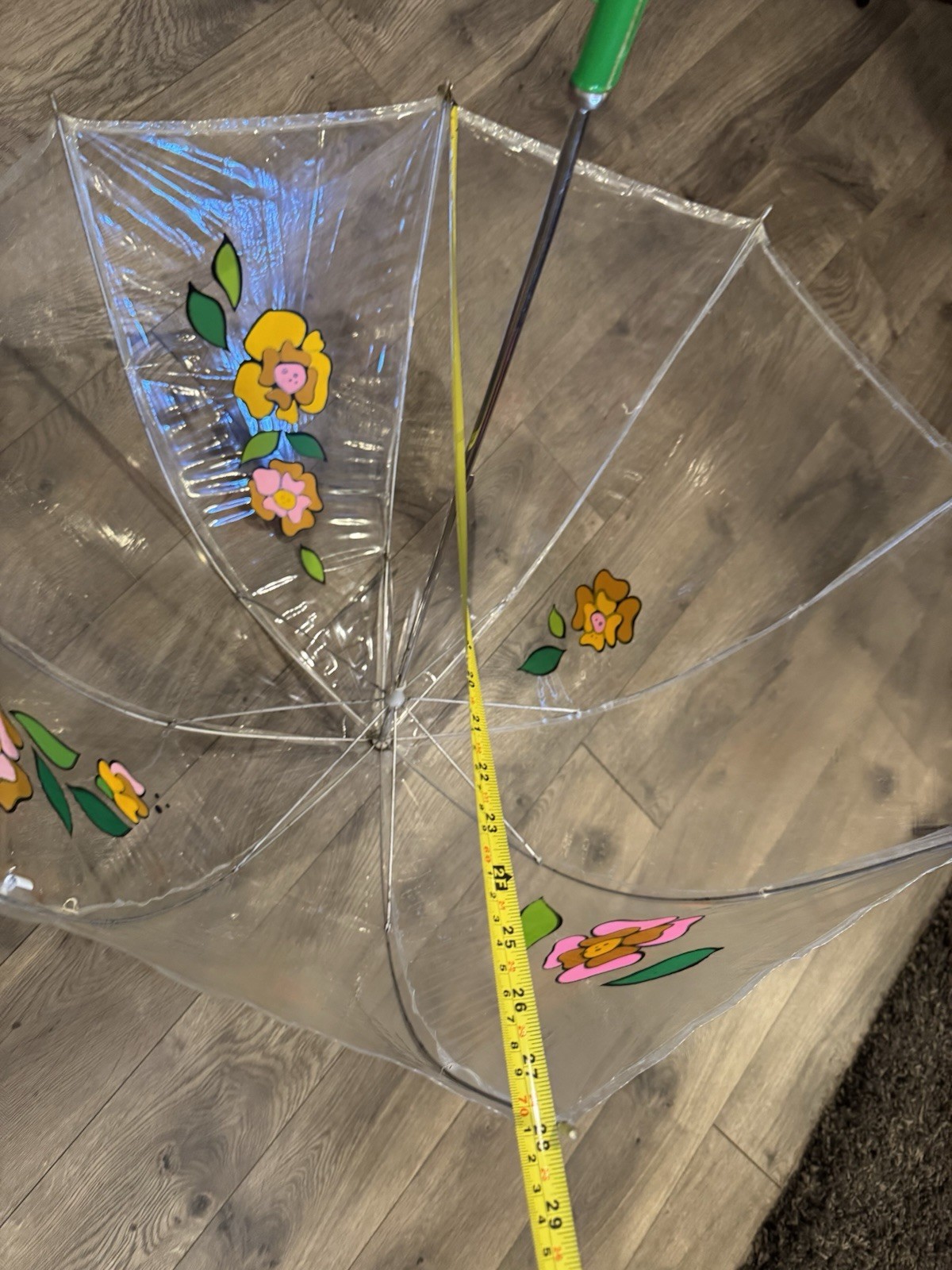 Vintage 70’s Dome Bubble Rain Umbrella Clear Vinyl MOD Flowers 28″D X 31″Handle