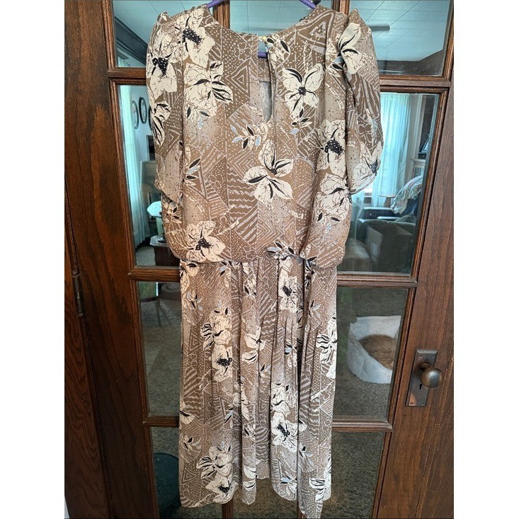 Vintage Miss Oops California Brown Floral Geometric Pleat Blouson Dress Size 14