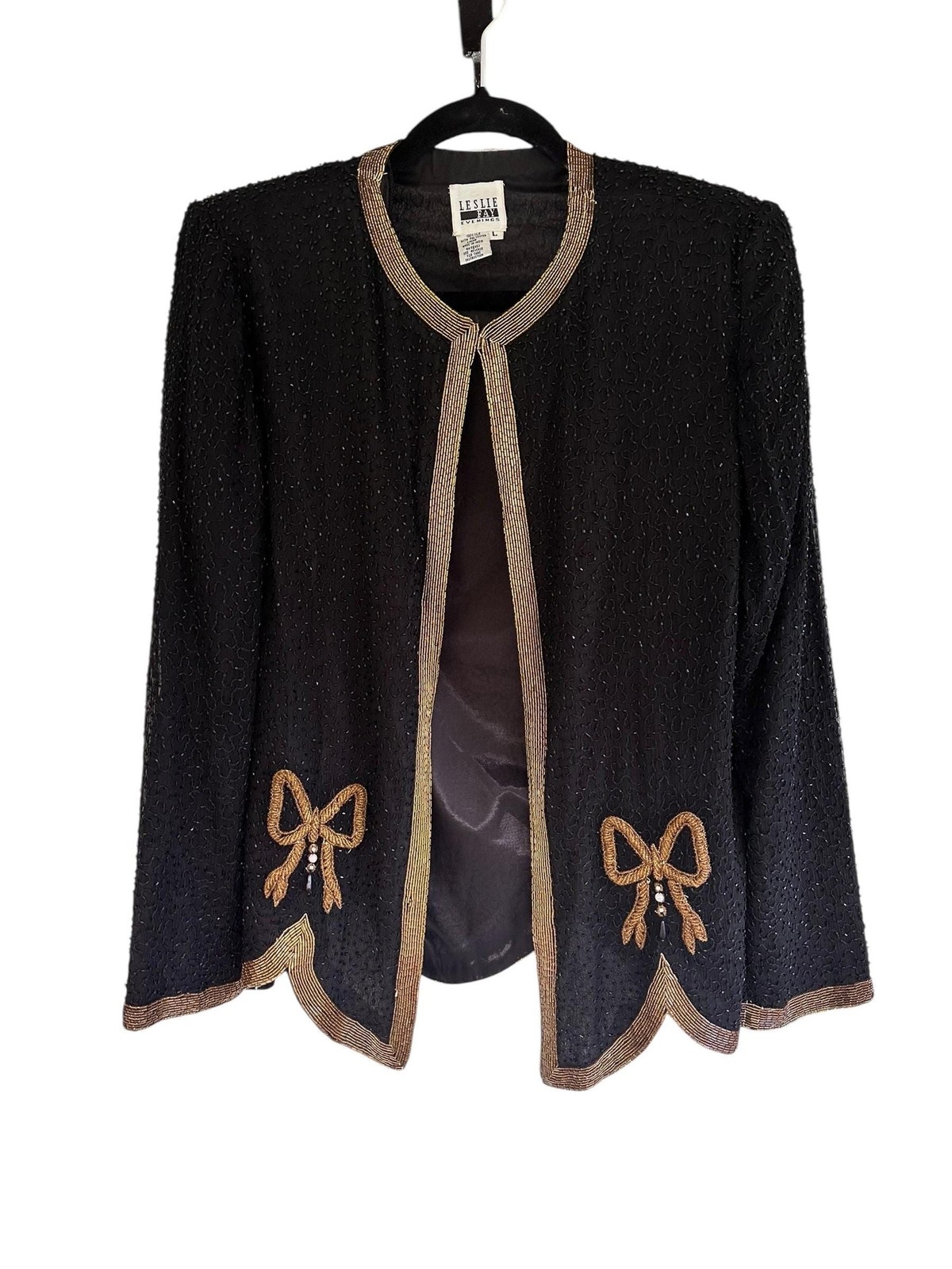 Vintage Leslie Fay Evenings Black Silk Beaded Gold Bow Jacket Size L