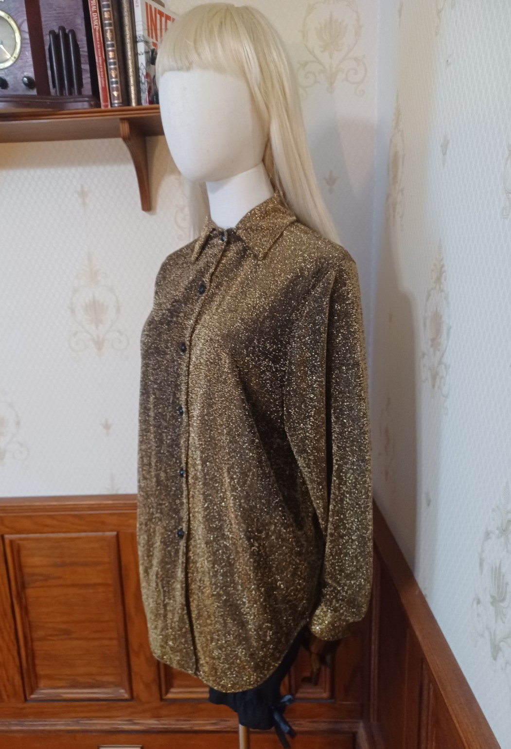 Vintage 1980s Cindy Collins Gold Glitter Glam Rock Disco Shirt