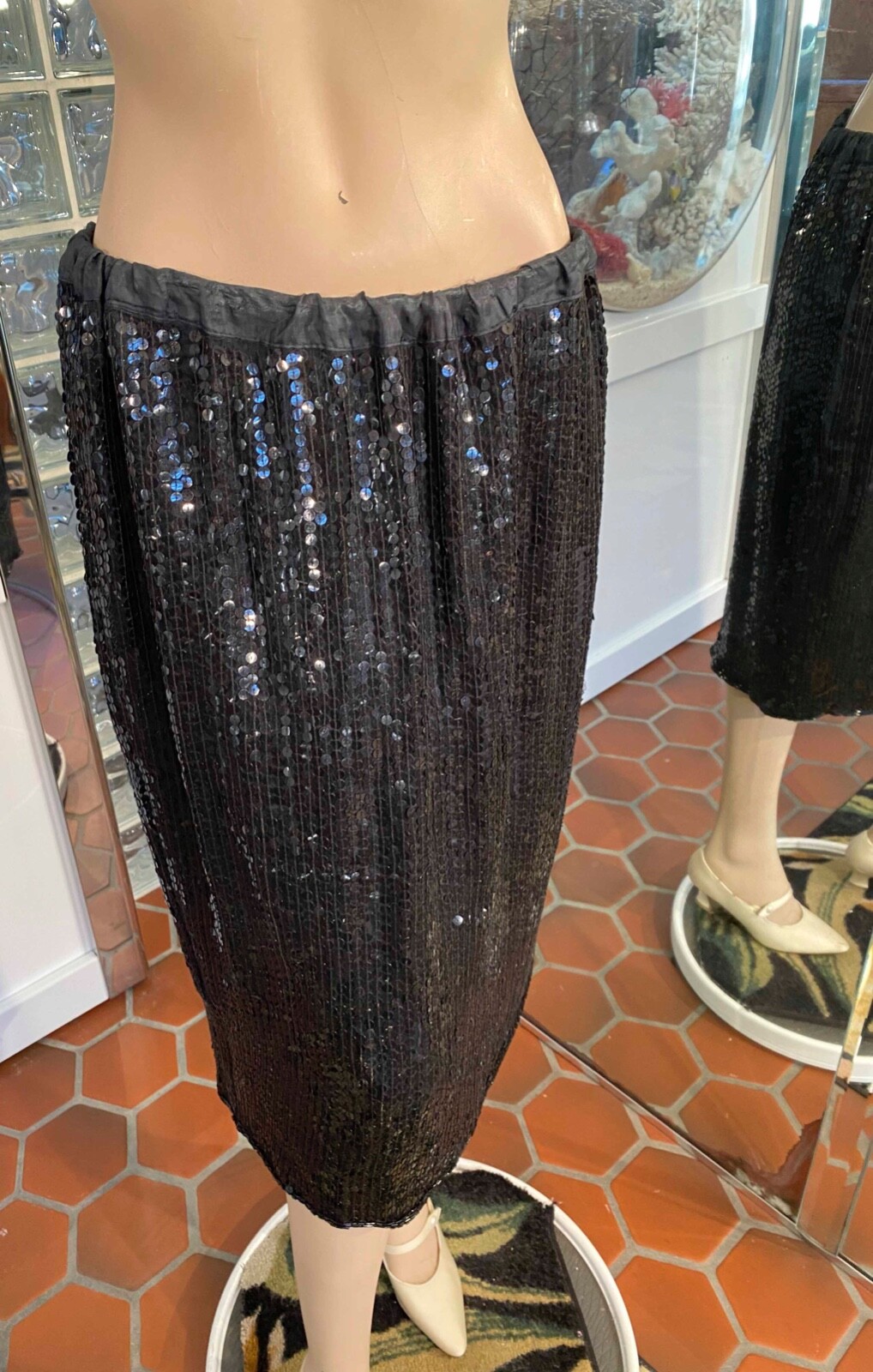 VTG 100% SILK Flapper Gatsby Dress Black Sequin set Skirt & Top size ML