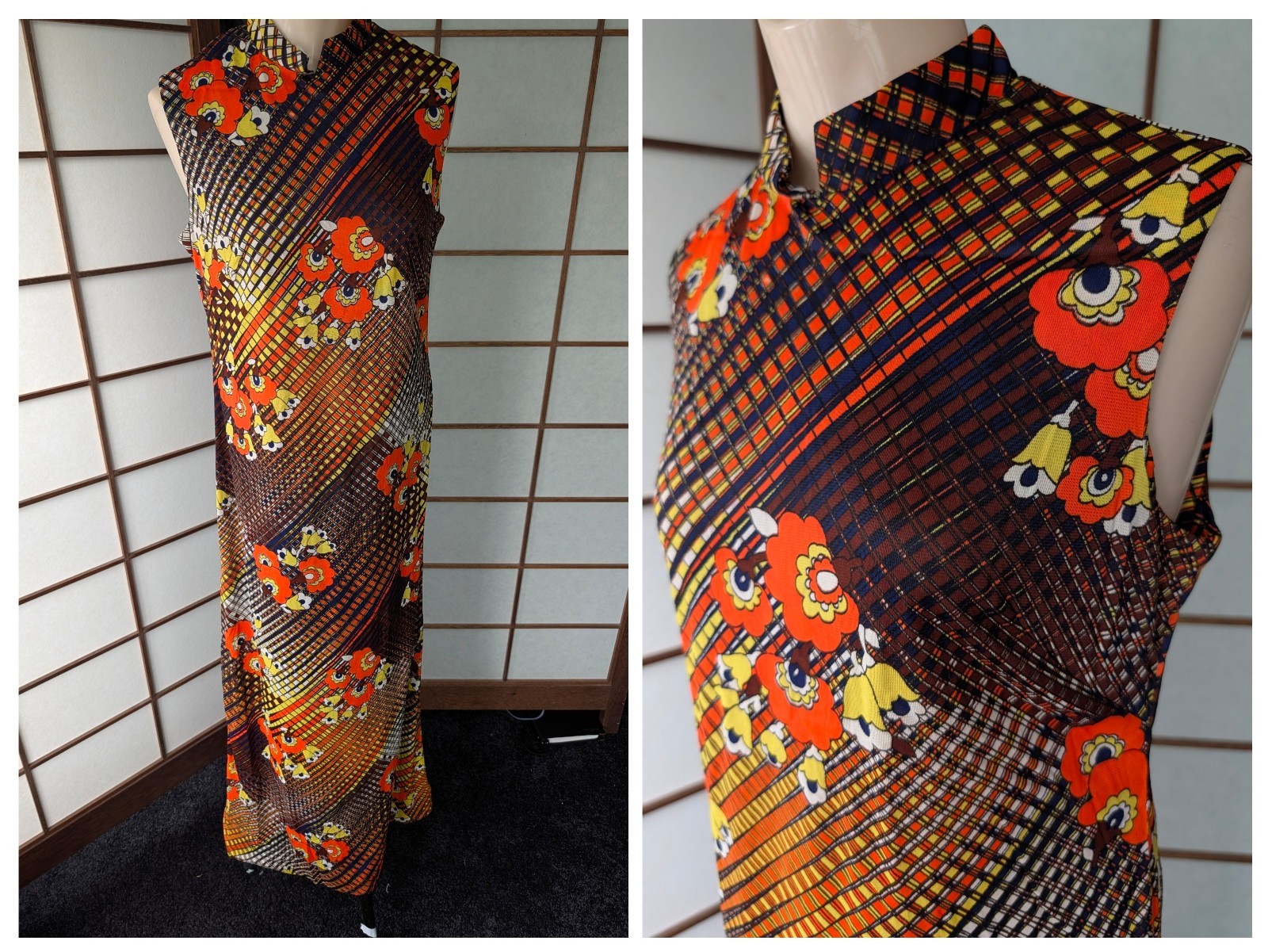 Vintage 1960s Mandarin Collar Maxi Dress Bright Psychedelic Day Glo Hippie S/M